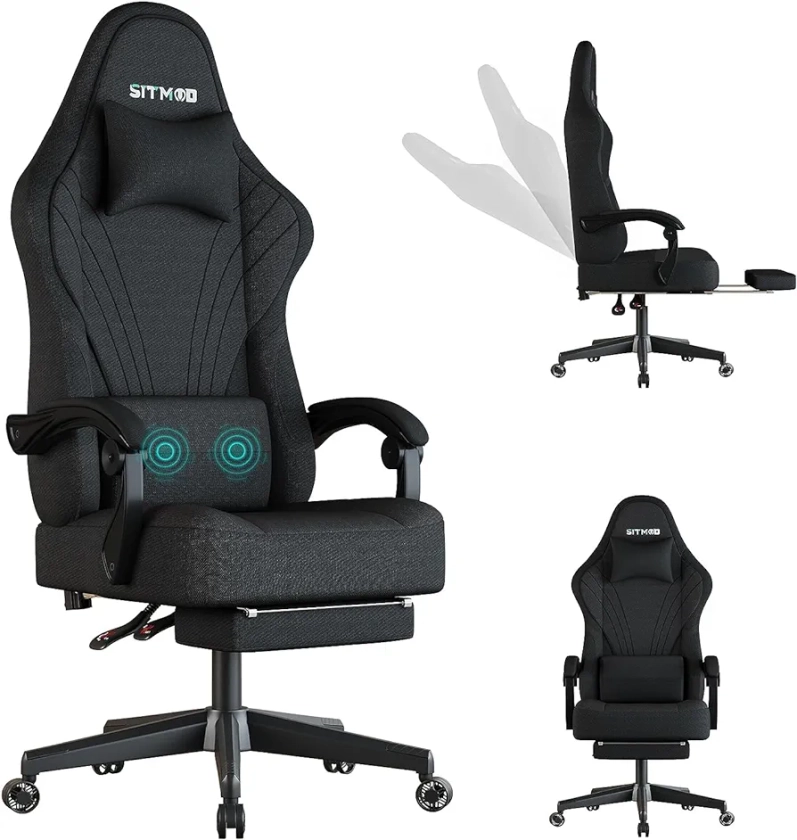 Gaming Chair,Big and Tall Gaming Chair with Footrest,Ergonomic Computer Chair,Fabric Office Chair with Lumbar Support,360 Degree Swivel and Height Adjustment,Video Gaming Chair for Adults-Black