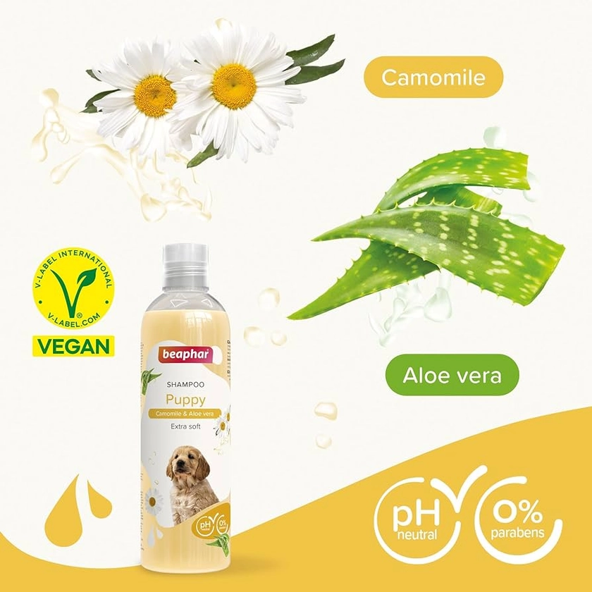 Beaphar Puppy Shampoo, Enriched with Camomile & Aloe vera, Specially Formulated for a Puppy’s Sensitive Skin, Vegan, Mild & pH Neutral, For Fresh, Clean, Shiny Coats, 250 ml,Yellow : Amazon.co.uk: Pet Supplies