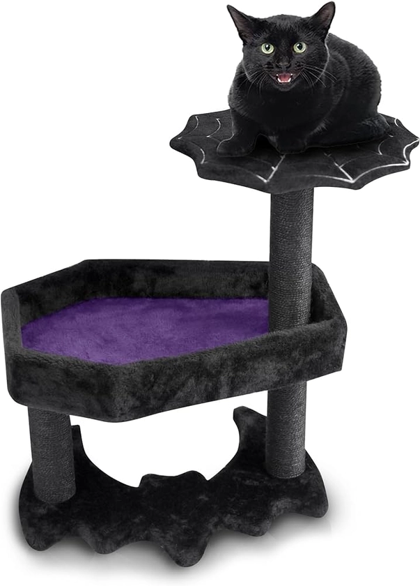 Littlesy Gothic Cat Tree Purple with Coffin Cat Bed & Spooky Cat Toys - Spooky cat Tree for Halloween cat (Small)
