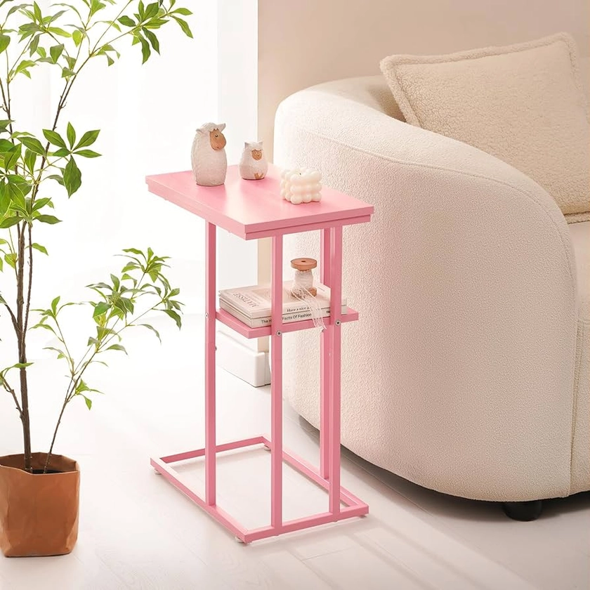 Yoobure C Shaped End Table, Side Table for Couch and Bed, Small Side Table for Small Spaces, Living Room, Bedroom, Rustic Snack Table, Pink