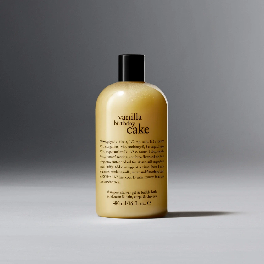 vanilla birthday cake shampoo, shower gel & bubble bath | philosophy