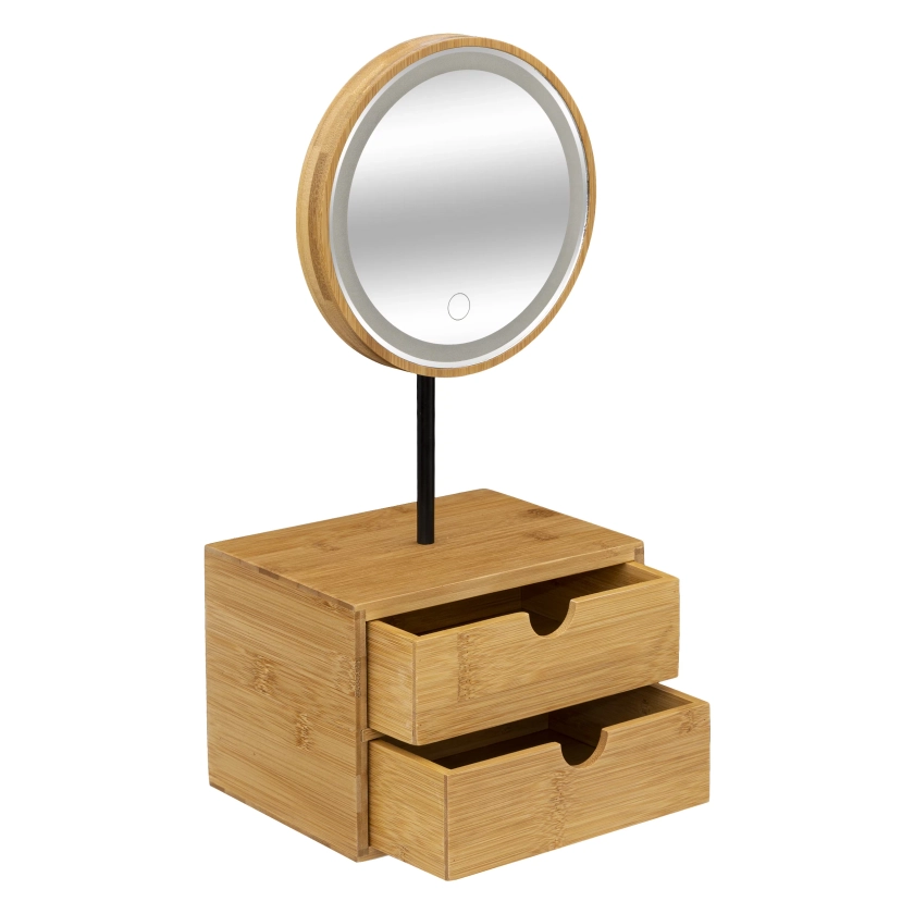 Miroir Led rond pivotant et organisateur 2 tiroirs