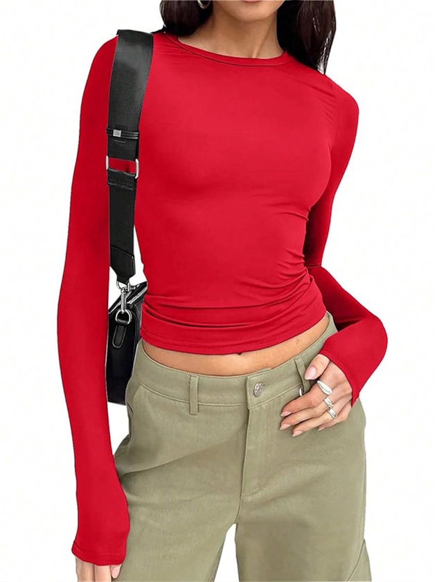 Ladies' Solid Color Round Neck Long Sleeve T-Shirt