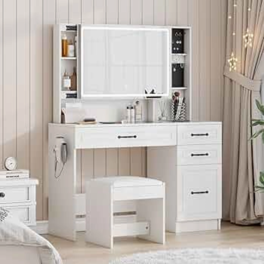 VanAcc Makeup Vanity Desk with Sliding & LED Lighted Mirror, 45" Wide Glass Tabletop Vanity Table with Charging Station, Large Vanity Set with Drawers & Shelves, Stool Included, Bedroom, White