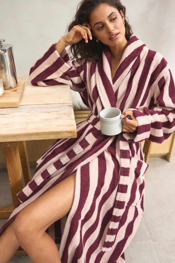 Buy Pink/Berry Red Stripe 100% Cotton Towelling Dressing Gown from the Next UK online shop