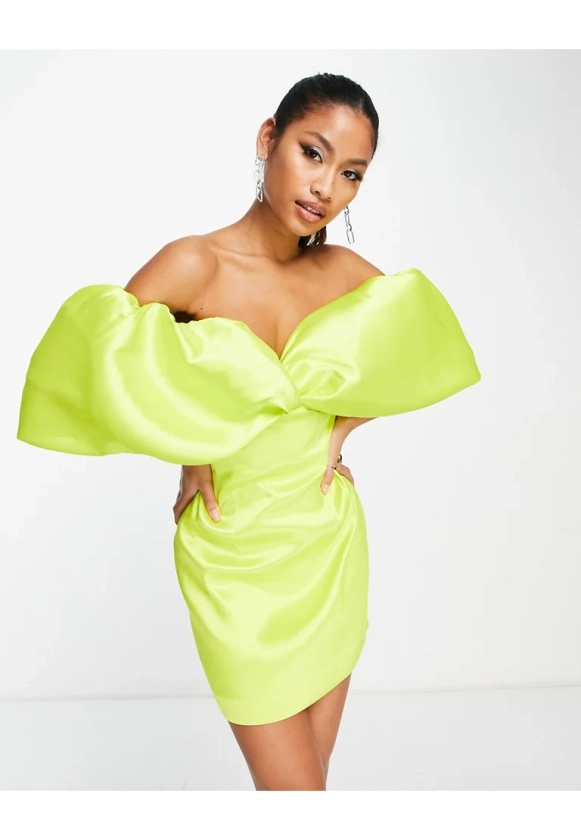 ASOS EDITION satin twill off shoulder mini dress with twist bust detail in chartreuse-Yellow