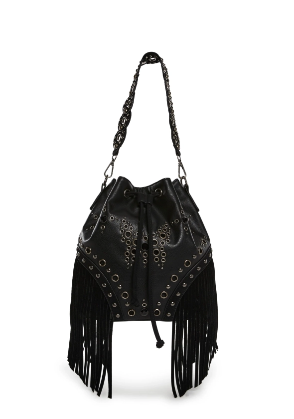 Grommet Studded Butterfly Bucket Shoulder Bag Fringed Vegan Leather Current Mood - Black