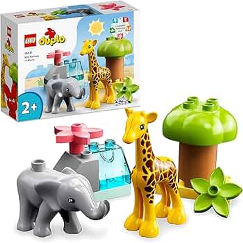 LEGO 10971 Duplo Animaux Sauvages d’Afrique, Jouet sur Le Safari pour Enfants de 2 Ans avec Figurines d'animaux Éléphant et de Girafe, avec Tapis de Jeu