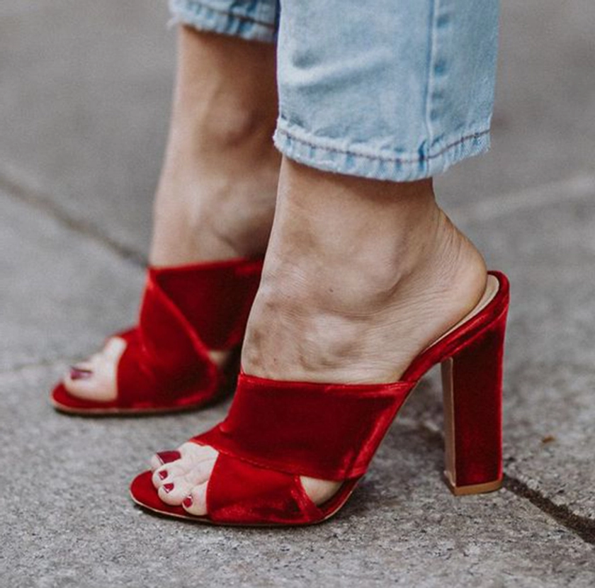 FSJ Red Velvet Chunky Heels Women's Peep Toe Mules Sandals