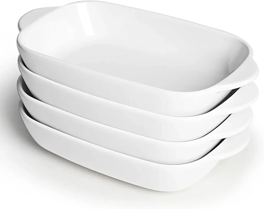 LEETOYI Ceramic Small Baking Dish 7.5-Inch Set of 4, Rectangular Bakeware with Double Handle, Baking Pans for Cooking and Cake Dinner (White)
