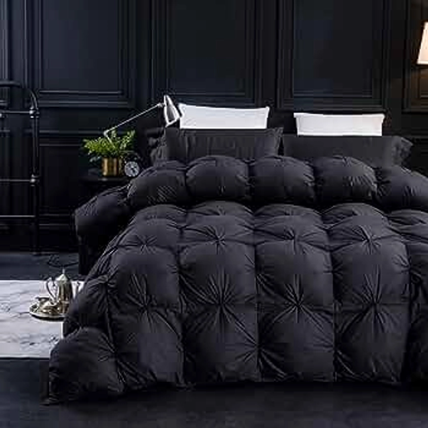 Three Geese Pinch Pleat Goose Feathers Down Comforter Twin Size Duvet Insert,750+ Fill Power,1200TC 100% Cotton Fabric,Premium Black-Gray Comforter for All Seasons with 8 Tabs,Twin:68x90inches'