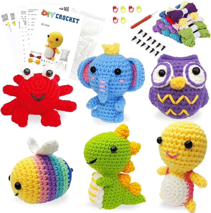 6Pcs Crochet Kit for Beginners, 2024 DIY Craft for Adults and Kids, Great Gift for Crochet Lovers, Crochet Animal Kits with Step by Step Videos,Yarn,Crochet Hook,Birthday Gift, Holiday Gift