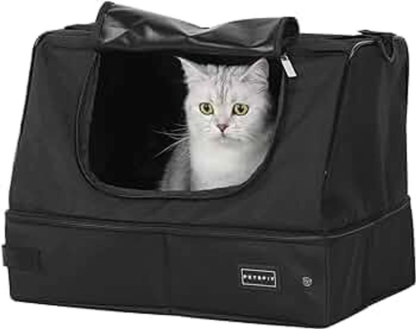 Petsfit Upgrade Travel Portable Cat Litter Box for Medium Cats & Kitties,Leak-Proof, Lightweight, Foldable (Black（with lid）, 17" Lx13 Wx12.5 H)