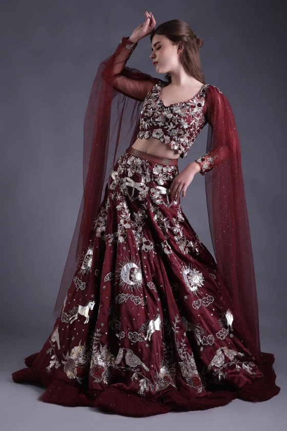 Buy Wine Satin Organza Embroidered Floral V Neck Heavy Lehenga With Blouse For Women by House of Tushaom Online at Aza Fashions.