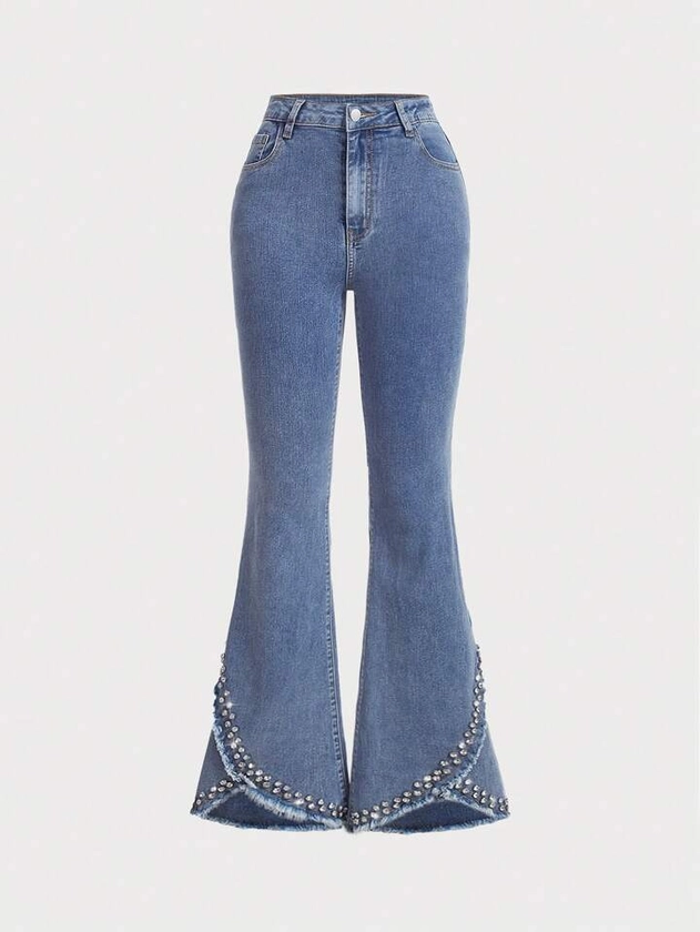 SHEIN MOD Rhinestone Detail Flare Leg Jeans