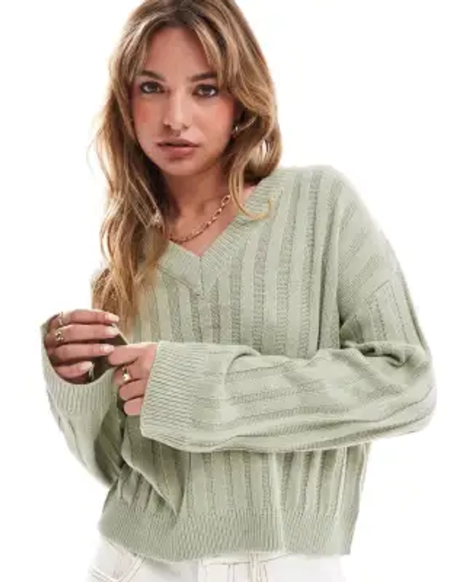 Brave Soul ribbed v-neck jumper in sage green | ASOS