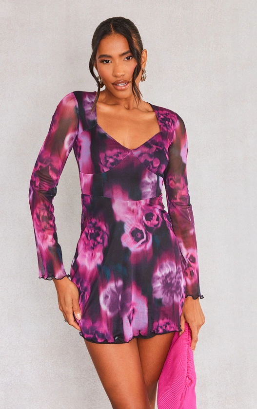 Purple Floral Print Mesh Underbust Shift Dress
