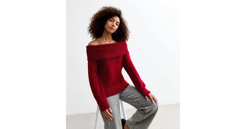 Red Knit Foldover Bardot Jumper | New Look