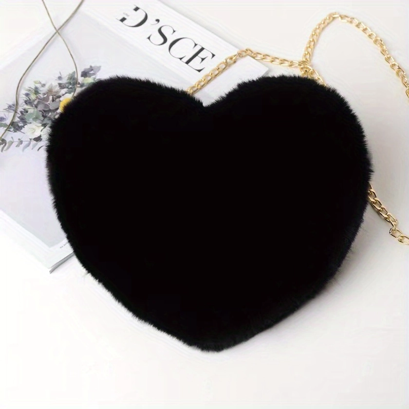 Heart Shaped Fluffy Shoulder Bag, Fashion Chain Crossbody Bag, Cute Zipper Purse For Valentine&#39;s Day