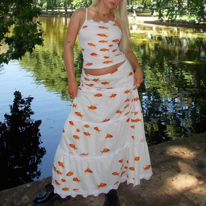 Women's Fashion Summer INS Goldfish Pattern Printed & Skirt Set Temperament new Female Casual High Waist Skirts 2 Piece Outfits