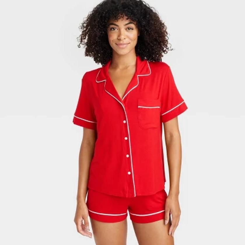 Women's Cloud Knit Short Sleeve Top and Shorts Pajama Set - Auden™ Red XL