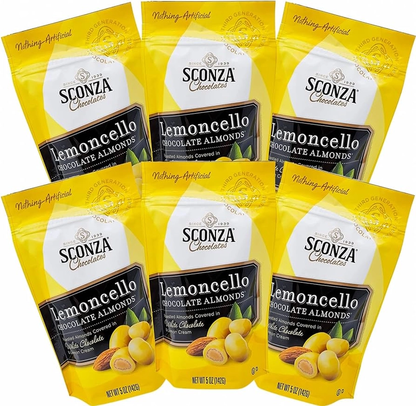 Lemoncello Chocolate Covered Almonds - By Sconza - Roasted Almond Covered in White Chocolate and Lemon Creme Candy | 6 Pack of 5 Oz Bags | Gift Snack