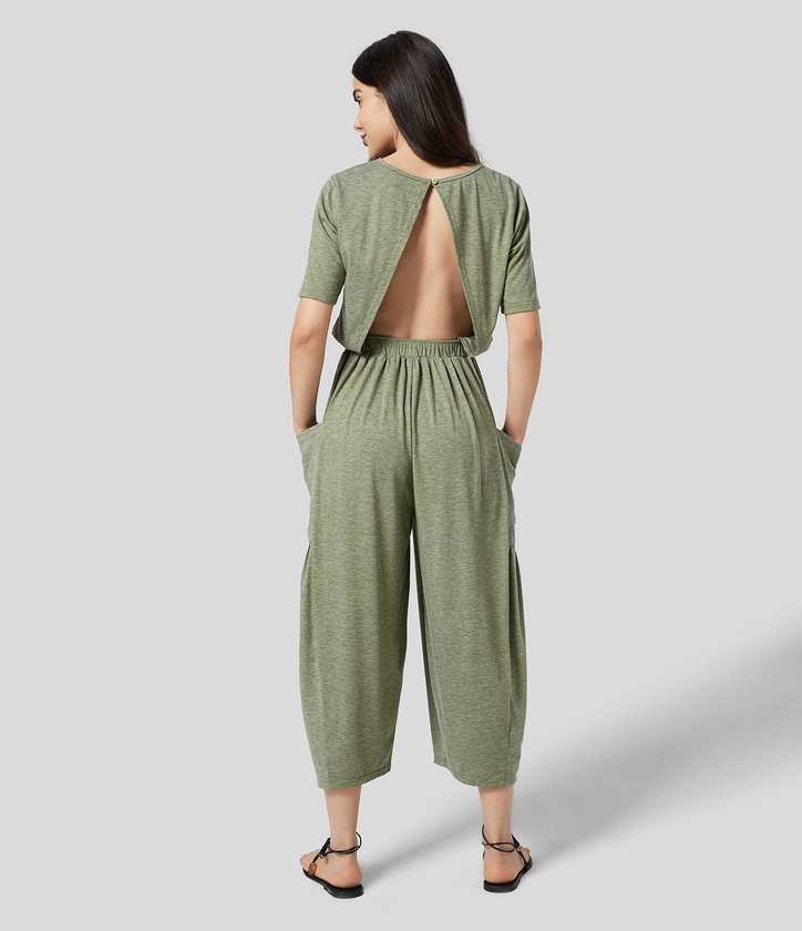 Backless Plicated Side Pocket Relax Casual Jumpsuit
