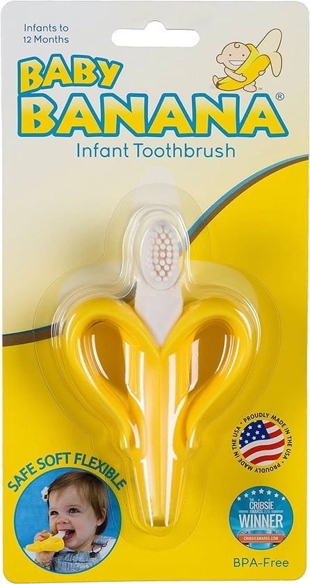 Amazon.com: O brinquedo mordedor de escova de dentes original Baby Banana para bebês e crianças; empresa familiar dos EUA; alívio da dentição para gengivas doloridas, massagem calmante; silicone de grau : Saúde e Casa