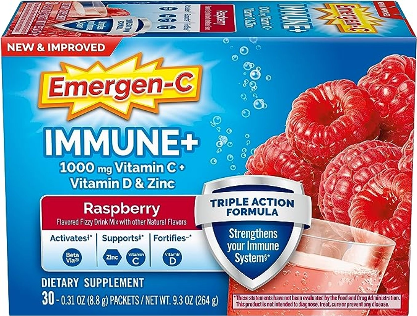 Amazon.com: Emergen-C Immune+ Triple Action Immune Support Powder, BetaVia (R), 1000mg Vitamin C, B Vitamins, Vitamin D and Antioxidants, Raspberry – 30 Count : Health & Household