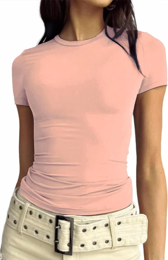 ForeFair Women Basic Fitted Going Out Tops Short Sleeve Solid Slim Crew Neck Summer Y2k Tight T Shirts