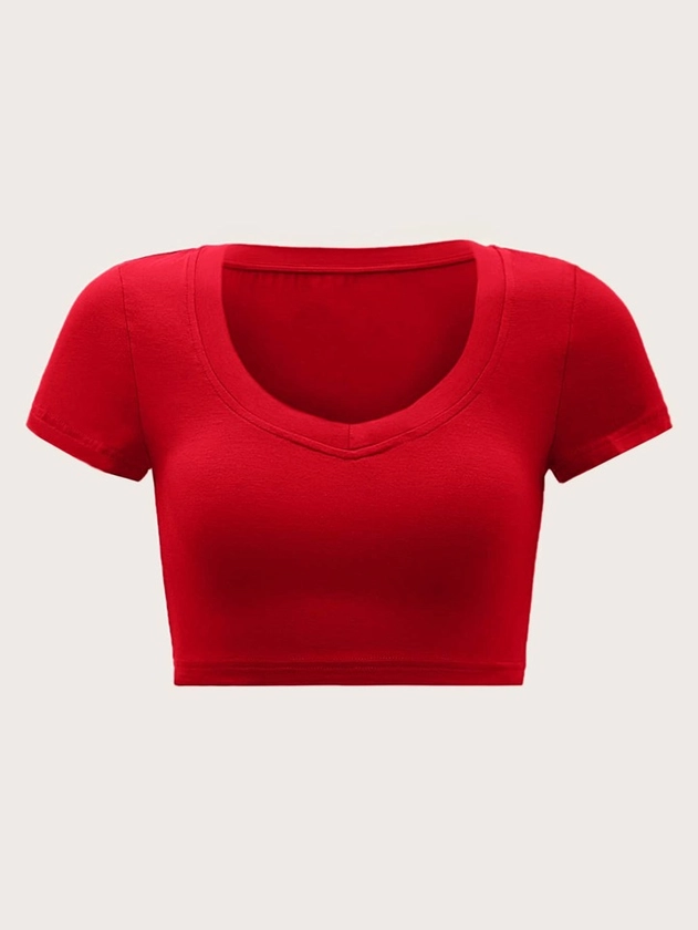 SHEIN EZwear Summer Solid Bright Red V-Neck Crop Slim Fit Short Sleeves Tee
