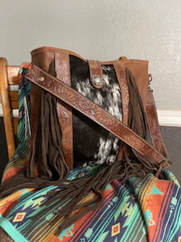 Sedona | Leather and Cowhide Purse with Fringe | Large Tote with Sunflower Tooled Strap and Accents