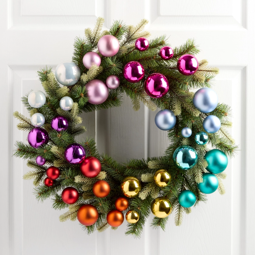 Mixed Faux Greenery with Rainbow Ornaments Wreath - World Market