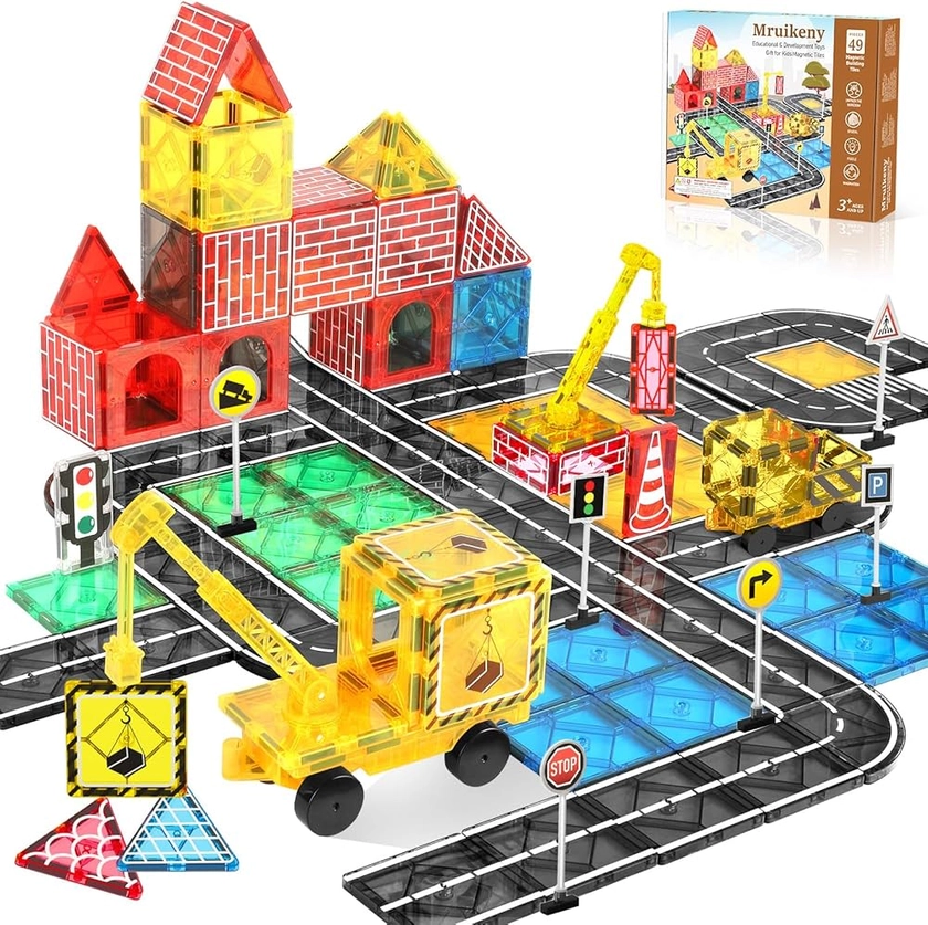 Magnetic Tiles Road Set Kids Toys, Magnetic City Construction Toys With Magnetic Crane for 3+ Year Old Boys Girls, Magnetic Blocks Building Toys STEM Toddlers Toys Magnetic Tiles for Kids Ages 3-5 4-8