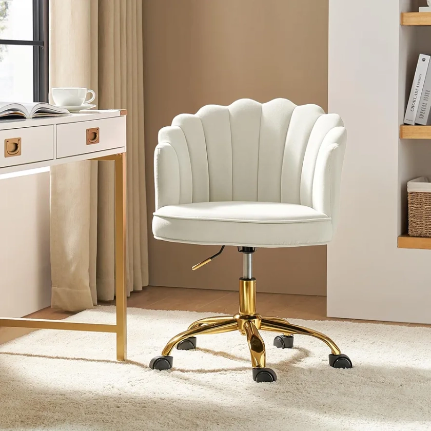 HULALA HOME Velvet Office Chair with Gold Base, Modern Cute Shell Back Upholstered Desk Chair for Vanity, Adjustable Swivel Task Chair for Living Room IVORY