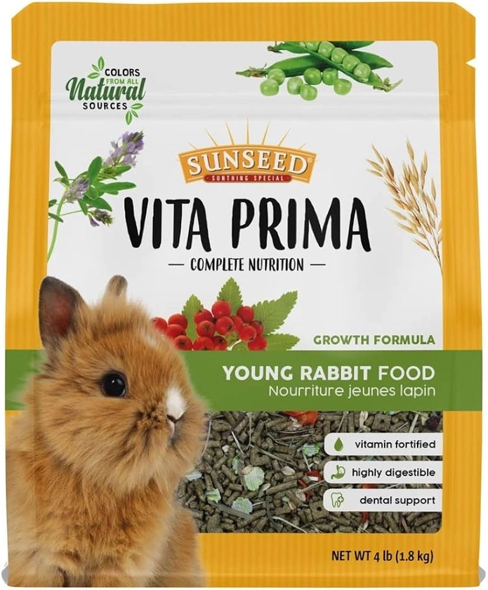 Sunseed Vita Prima Young Rabbit Food - Complete Nutrition - Premium Fortified Blend with Timothy Hay, 4 lb