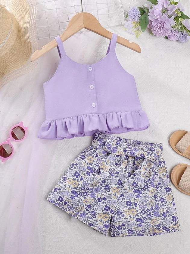 Young Girl Ruffle Hem Cami Top & Floral Print Belted Shorts