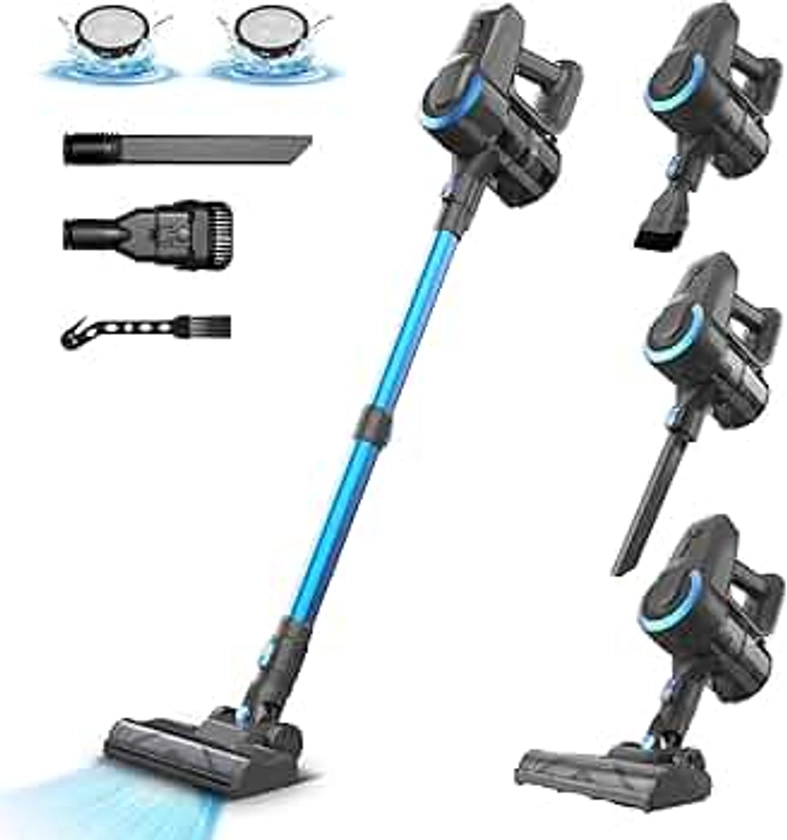 Aspirateur Balai sans Fil N300, 20KPa & 2 Vitesses, Aspirateur sans fil 175W, Aspirateur Léger, 40Min Autonomie, 6 en 1 Aspirateur Balai sans Sac pour Les Poils d'animaux, Tapis, Canapé, Voiture