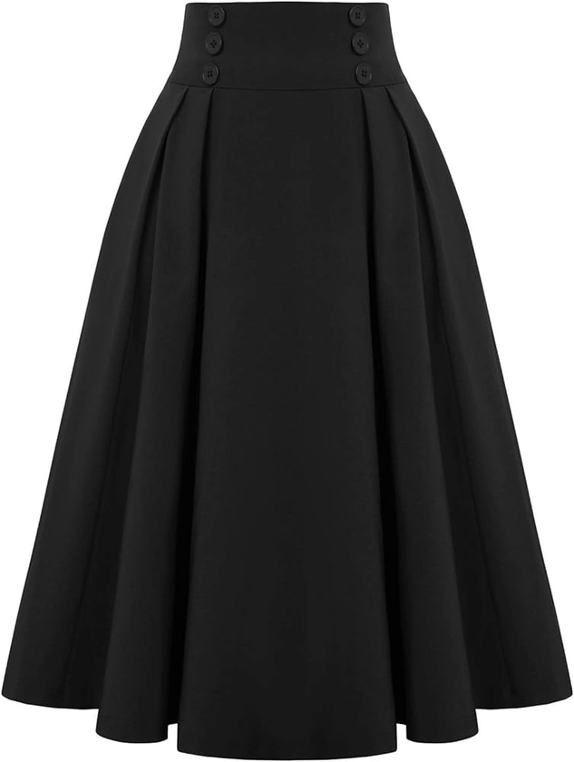 Belle Poque Women Vintage Skirt High Waist Pleated Skirt Midi A-Line Skirt with Pockets