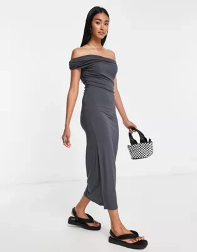 ASOS DESIGN sleeveless drapey off-shoulder maxi dress in charcoal