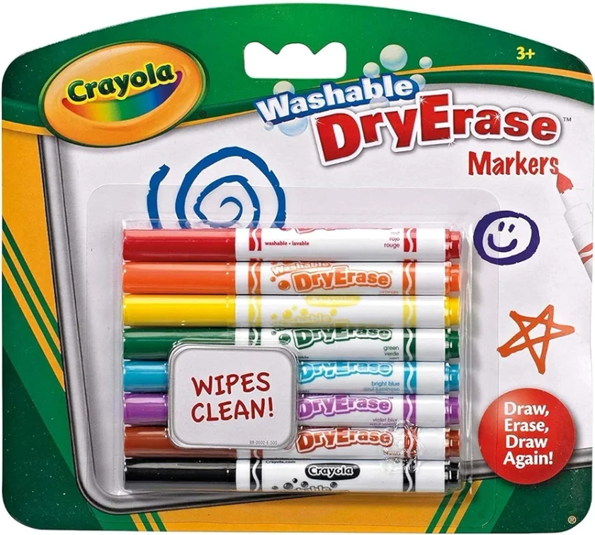 CRAYOLA Washable Dry-Erase Markers - Assorted Colours (Pack of 8) | Low Odour, Easy Wiping Colouring Fun! Ideal for Kids Aged 3+