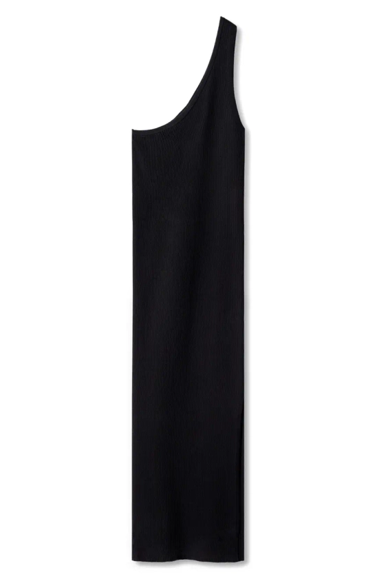One-Shoulder Side Slit Rib Midi Dress