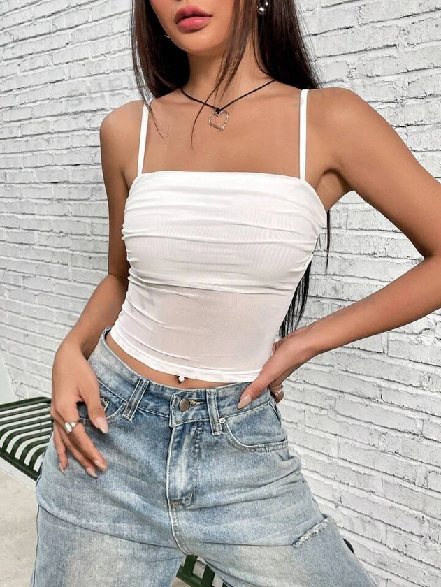 SHEIN EZwear Twist Knot Women's Summer Solid Color Slim-Fit T-Shirt With Cap Sleeves And Sweetheart Neckline