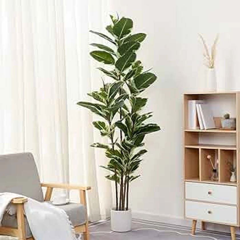 Artificial Rubber Tree Plant 6ft Tall Faux Ficus Tree Potted Fake Tropical Plants Decorative House Plants Large Floor Plants Artificial Trees for Home Office Store Room Decor