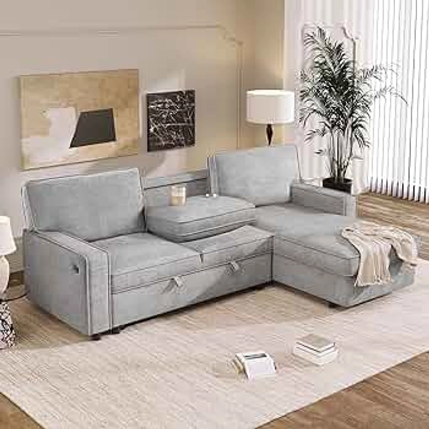 Merax 89" Convertible Sleeper Sectional Sofa with Pull-Out Bed,Upholstery Sleeper Sofa Storage Chaise,USB Port and 2 Cupholder,L Shaped Corner Sectional Sofa Couch for Living Room