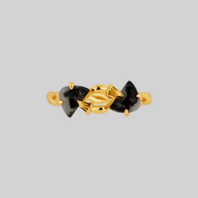 ENOKI. Intertwined Tiny Mushrooms Gemstone Ring - Gold