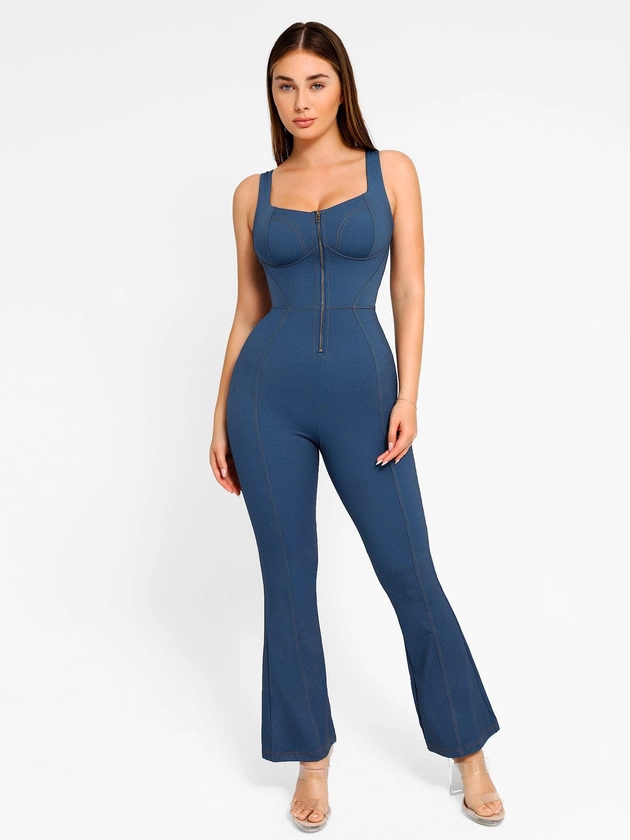 The Shapewear Jumpsuit Denim Square Neck Tank Top Flare