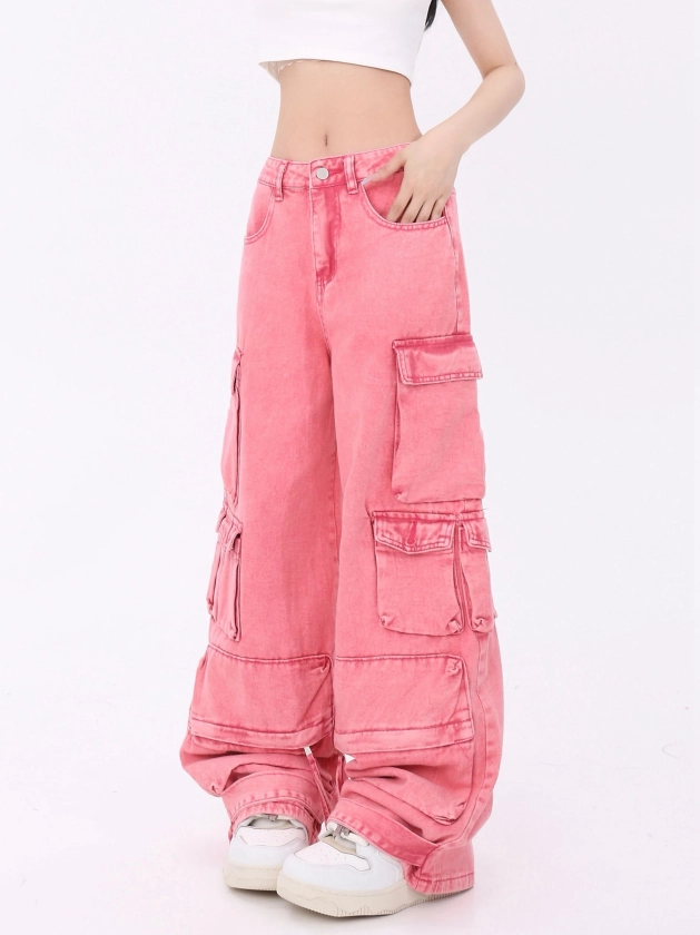 Barbie Pink Denim Multipocketed High Waist Straight Leg Jeans Cargo Pants