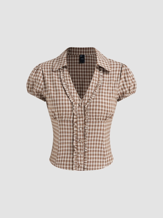 Woven 100% Cotton V-neck Check Button Short Sleeve Blouse For School