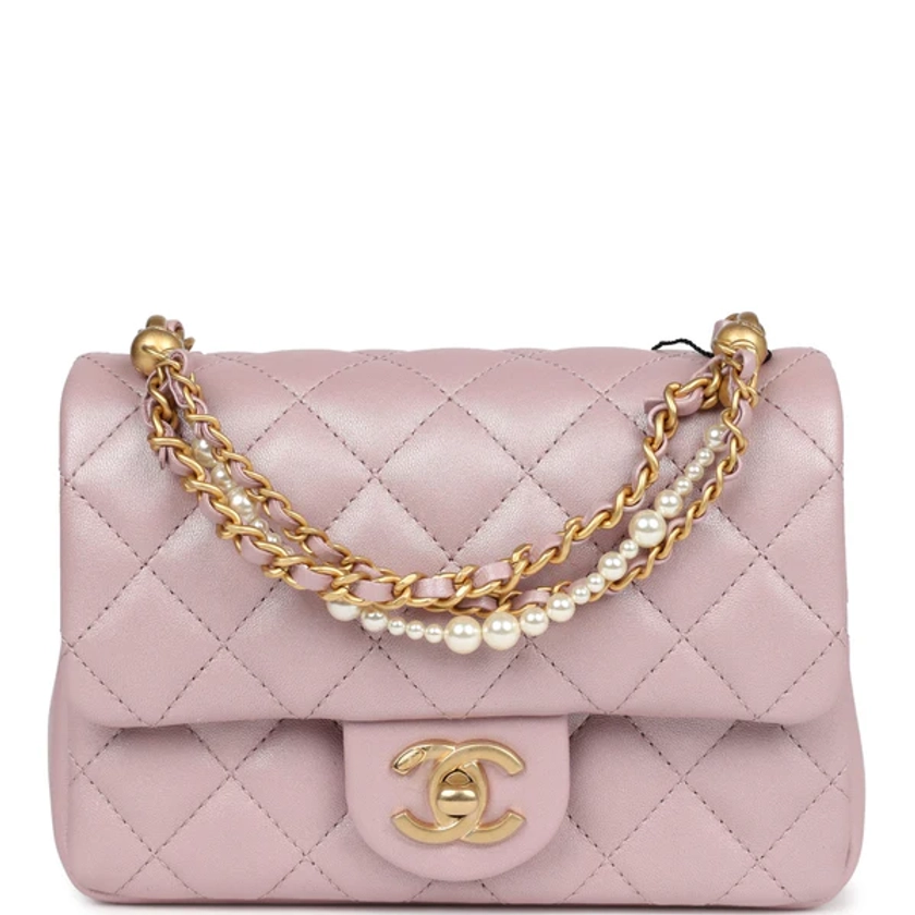 Chanel Mini Square Pearl Flap Bag Light Pink Iridescent Lambskin Brushed Gold Hardware